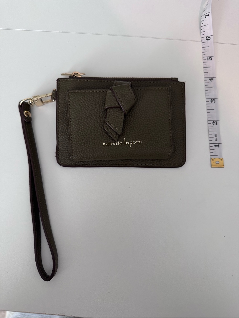 Nanette Lepore Olive Pebbled Leather Wristlet Card Holder